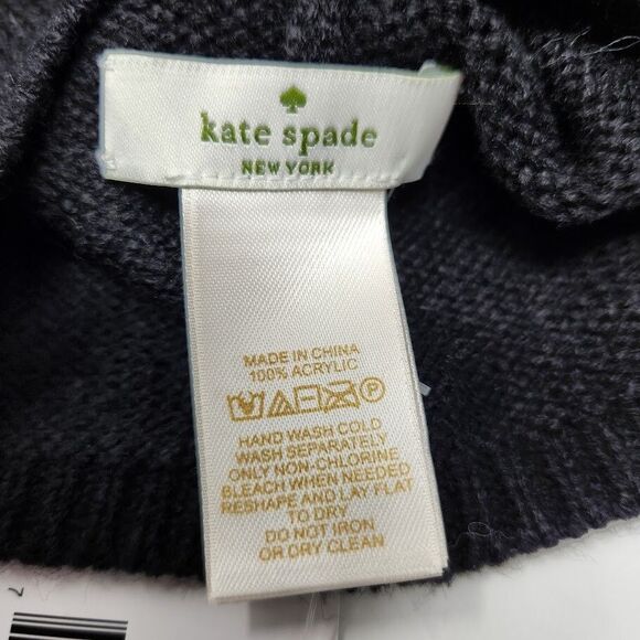 New Kate Spade Womens Taxi Pom Pom Beanie Hat Black Knitted - Picture 4 of 4